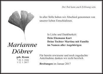 Traueranzeige von Marianne Döhrer von Südthüringer Presse