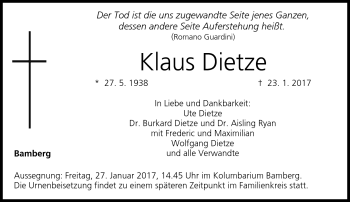 Traueranzeige von Klaus Dietze von Neue Presse Coburg