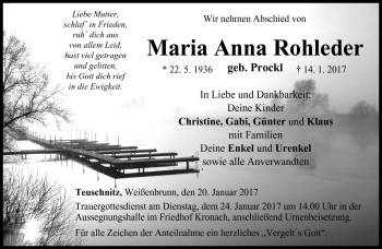 Traueranzeige von Maria Rohleder von Neue Presse Coburg