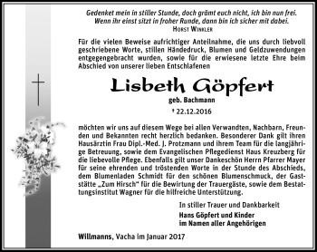 Traueranzeige von Lisbeth Göpfert von Südthüringer Presse
