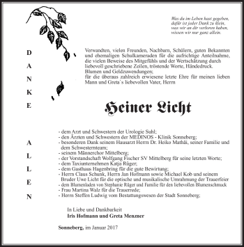 Traueranzeige von Heiner Licht von Südthüringer Presse