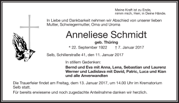 Traueranzeige von Anneliese Schmidt von Frankenpost