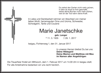 Traueranzeige von Marie Janetschke von Frankenpost