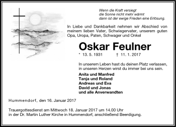 Traueranzeige von Oskar Feulner von Neue Presse Coburg