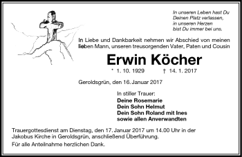 Traueranzeige von Erwin Köcher von Frankenpost