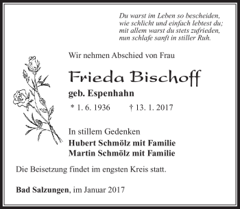 Traueranzeige von Frieda Bischoff von Südthüringer Presse