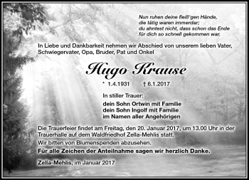 Traueranzeige von Hugo Krause von Südthüringer Presse