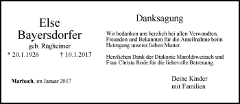 Traueranzeige von Else Bayersdorfer von Neue Presse Coburg