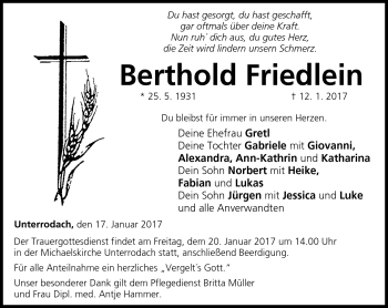 Traueranzeige von Berthold Friedlein von Neue Presse Coburg