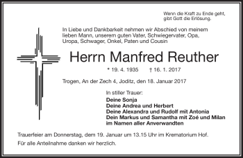 Traueranzeige von Manfred Reuther von Frankenpost