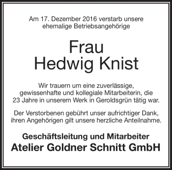 Traueranzeige von Hedwig Knist von Frankenpost