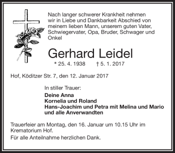 Traueranzeige von Gerhard Leidel von Frankenpost