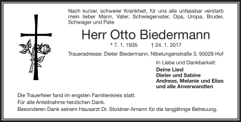 Traueranzeige von Otto Biedermann von Frankenpost