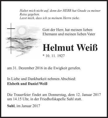 Traueranzeige von Helmut Weiß von Südthüringer Presse