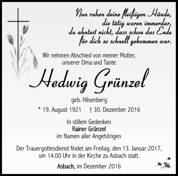 Traueranzeige von Hedwig Grünzel von Südthüringer Presse