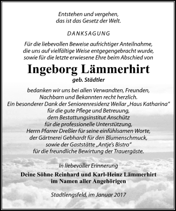 Traueranzeige von Ingeborg Lämmerhirt von Südthüringer Presse