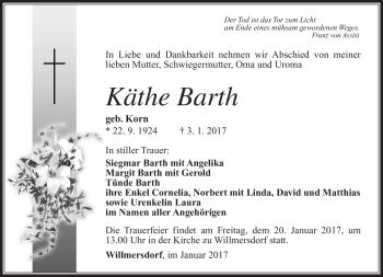 Traueranzeige von Käthe Barth von Südthüringer Presse