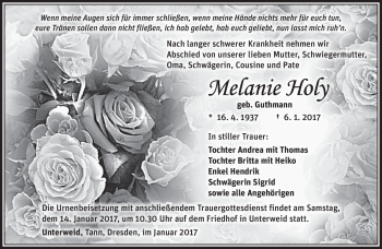 Traueranzeige von Melanie Holy von Südthüringer Presse