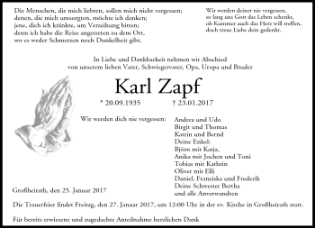 Traueranzeige von Karl Zapf von Neue Presse Coburg