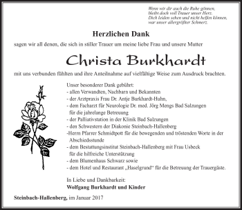 Traueranzeige von Christa Burkhardt von Südthüringer Presse