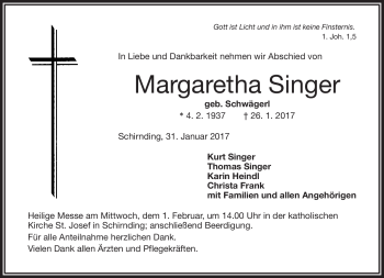 Traueranzeige von Margaretha Singer von Frankenpost