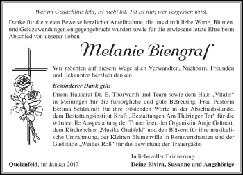 Traueranzeige von Melanie Biengraf von Südthüringer Presse