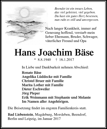 Traueranzeige von Hans Joachim Bäse von Südthüringer Presse