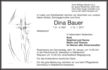 Traueranzeige von Dina Bauer von Frankenpost