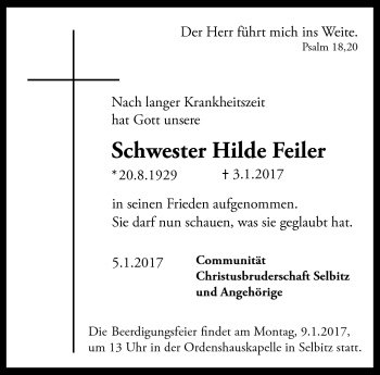 Traueranzeige von Hilde Feiler von Frankenpost