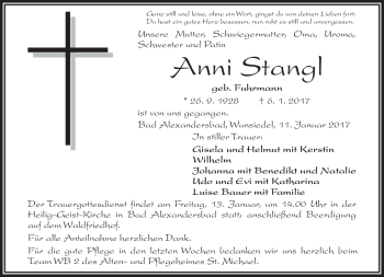 Traueranzeige von Anni Stangl von Frankenpost