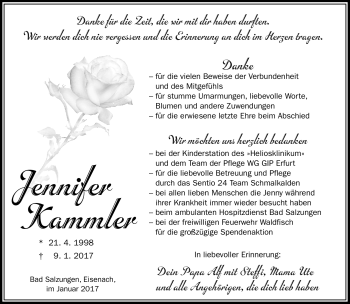 Traueranzeige von Jennifer Kammler von Südthüringer Presse