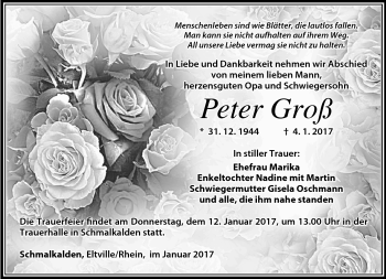 Traueranzeige von Peter Groß von Südthüringer Presse