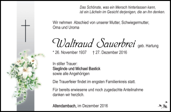 Traueranzeige von Waltraud Sauerbrei von Südthüringer Presse