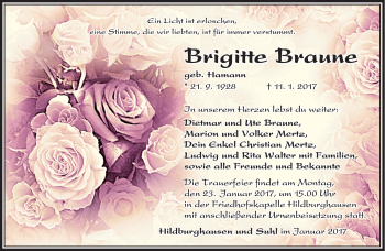 Traueranzeige von Brigitte Braune von Südthüringer Presse