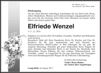 Traueranzeige von Elfriede Wenzel von Südthüringer Presse