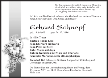 Traueranzeige von Erhard Schnepf von Südthüringer Presse