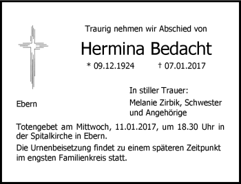 Traueranzeige von Hermina Bedacht von Neue Presse Coburg
