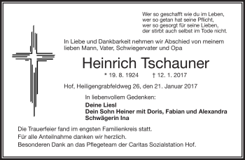 Traueranzeige von Heinrich Tschauner von Frankenpost