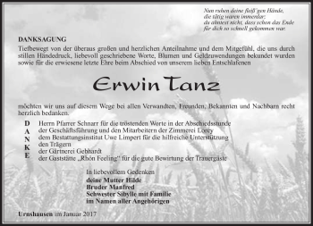 Traueranzeige von Erwin Tanz von Südthüringer Presse
