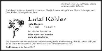 Traueranzeige von Lutzi Köhler von Südthüringer Presse