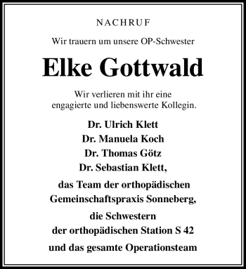 Traueranzeige von Elke Gottwald von Südthüringer Presse