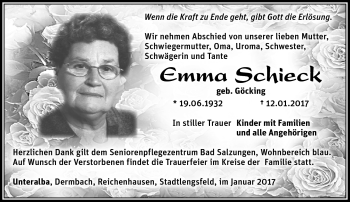 Traueranzeige von Emma Schieck von Südthüringer Presse