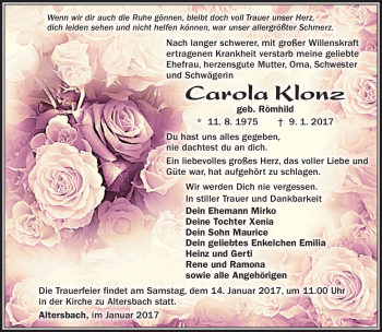 Traueranzeige von Carola Klonz von Südthüringer Presse
