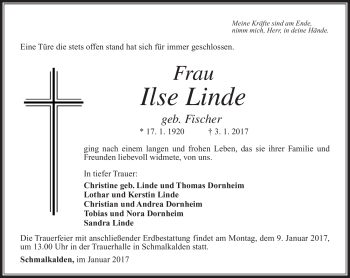 Traueranzeige von Ilse Linde von Südthüringer Presse