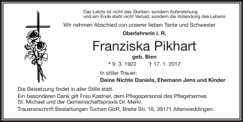 Traueranzeige von Franziska Pikhart von Frankenpost