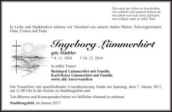 Traueranzeige von Ingeborg Lämmerhirt von Südthüringer Presse