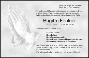 Traueranzeige von Brigitte Feulner von Frankenpost