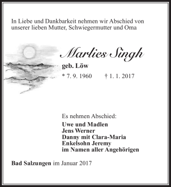 Traueranzeige von Marlies Singh von Südthüringer Presse