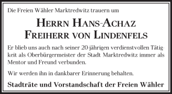 Traueranzeige von Hans-Achaz Freiherr von Lindenfels von Frankenpost