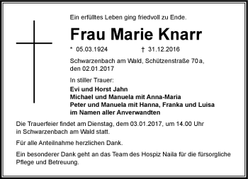 Traueranzeige von Marie Knarr von Frankenpost